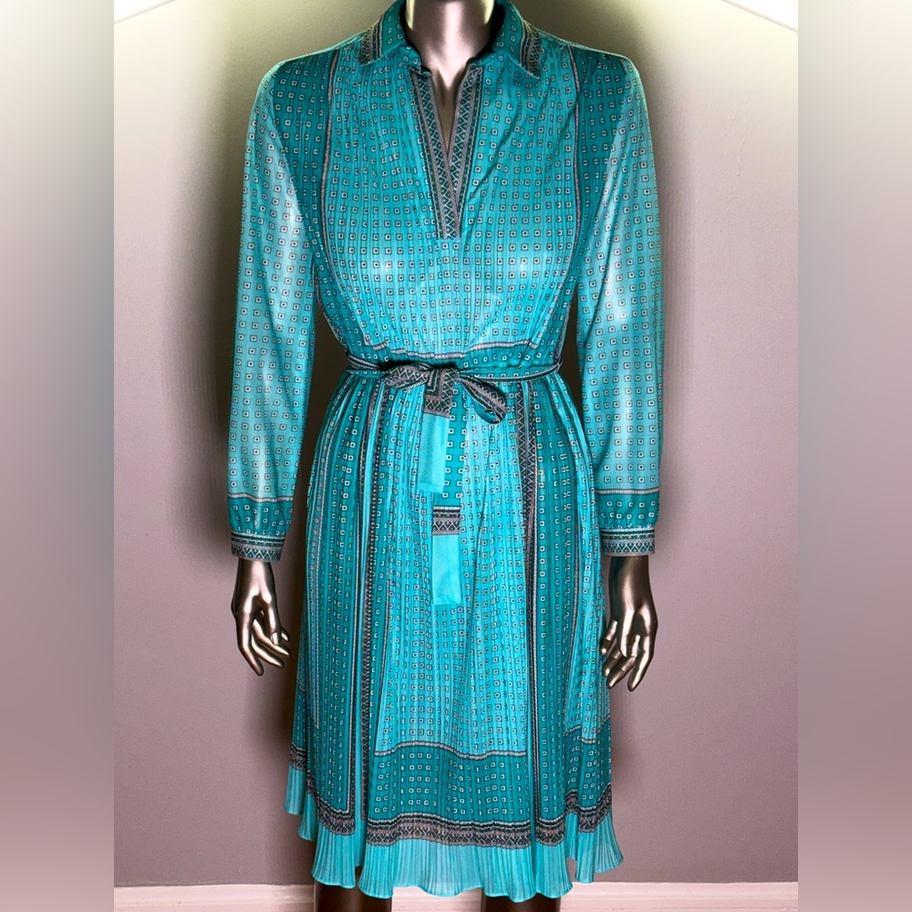 VTG 70s PCF Petites by Hal Ferman Teal/Aqua Printed Accordian Pleat Dress Sz 8
